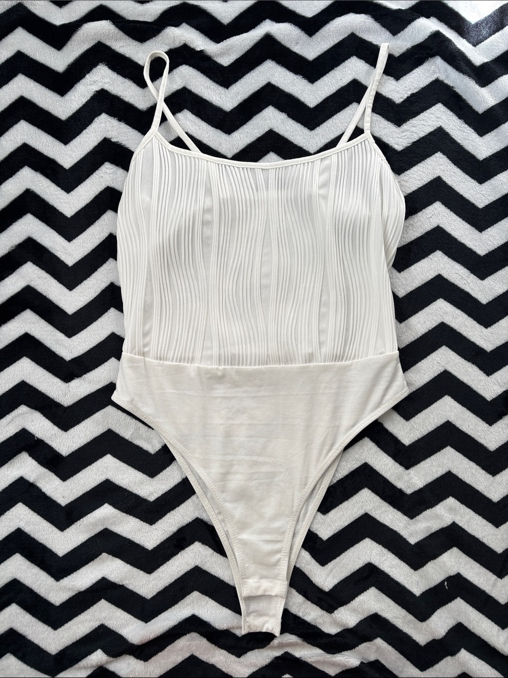 SHEIN White Wavy Ribbed Spaghetti-Strap Bodysuit